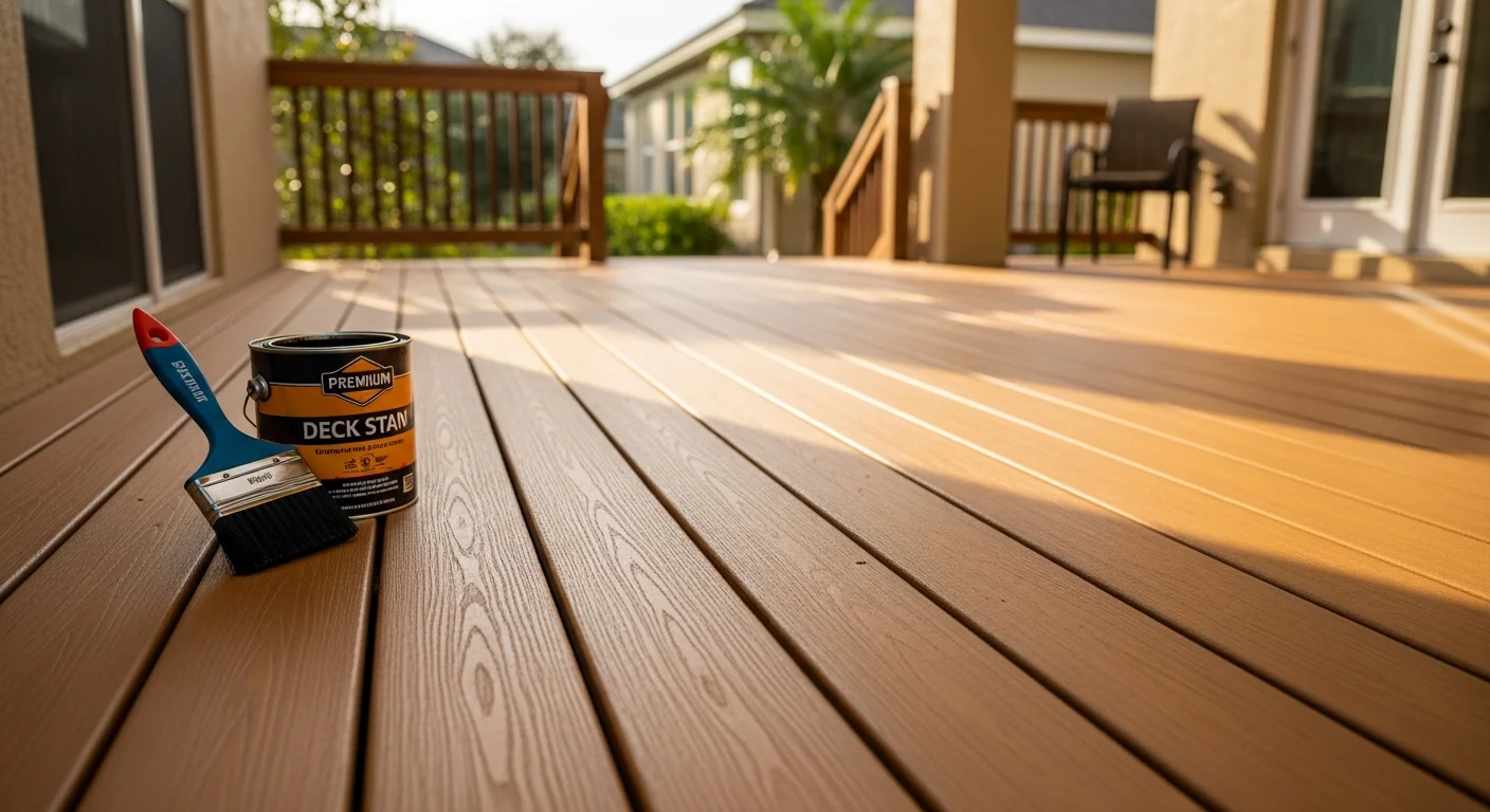 Freshly stained wooden deck with clear finish