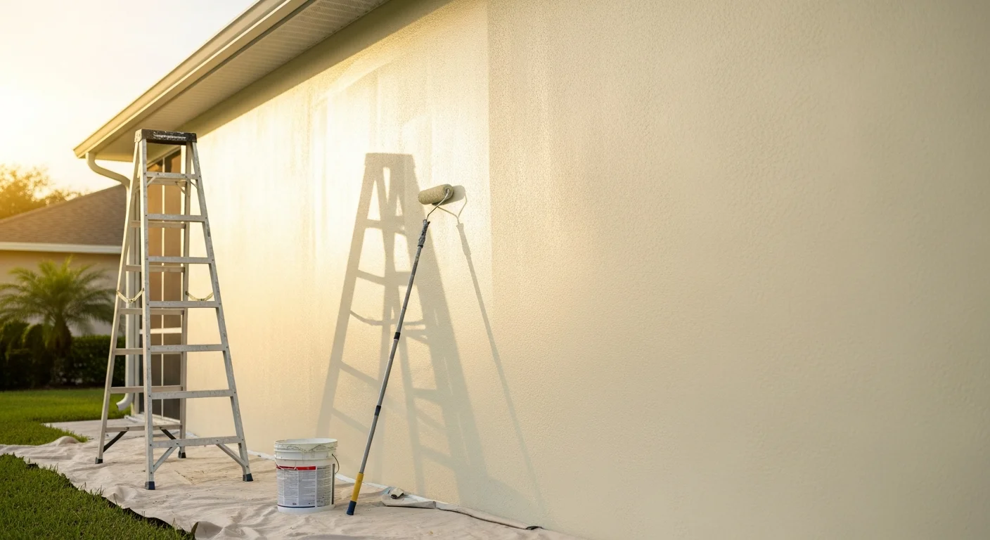 Professional painter applying exterior paint to residential home