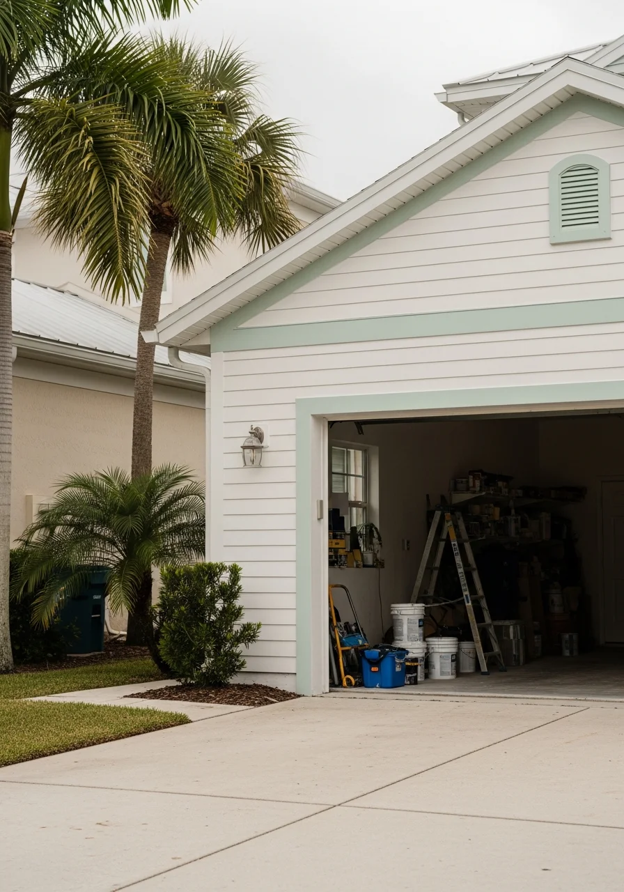 Service team member in Brevard County uniform standing with property owner in front of a coastal-style home.