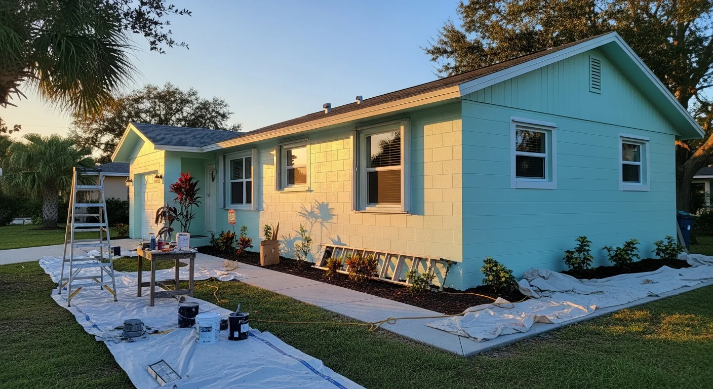 Professional exterior house painting in Melbourne, Florida with coastal landscape and palm trees