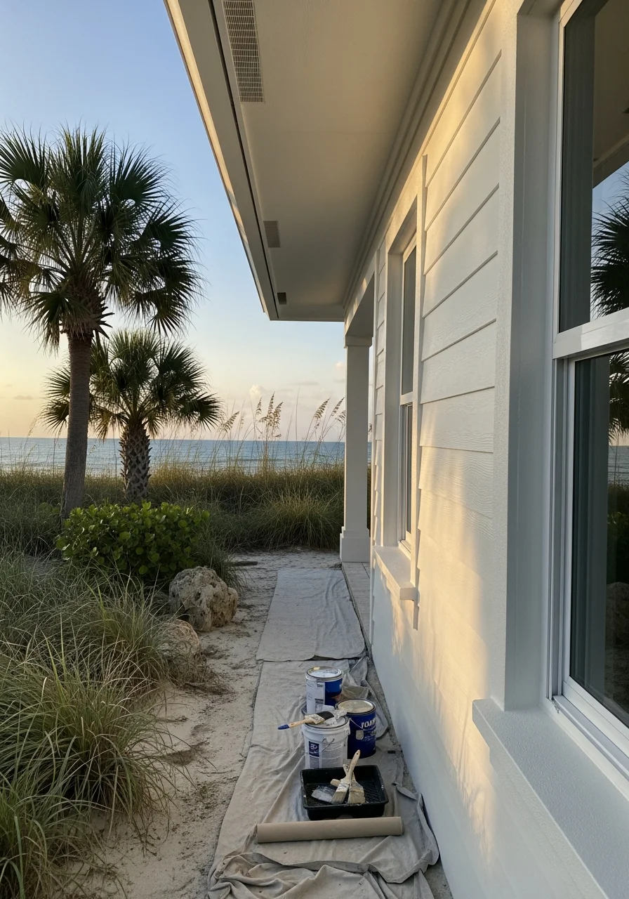 Service professional and Satellite Beach homeowner standing together on a beachfront property.