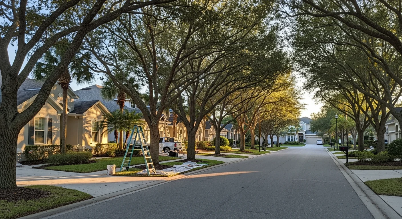 Residential street in Viera with mature landscaping and well-maintained homes lining both sides.