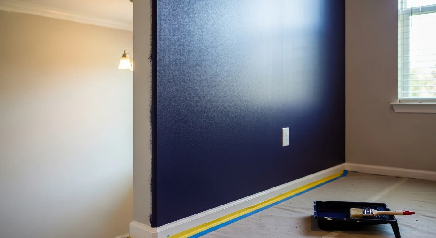 A freshly painted deep-toned accent wall in a Viera, Florida single-family home living room, with clean edges along white trim and an adjacent neutral wall. The painted surface shows even coverage and a smooth finish under bright Florida natural light.