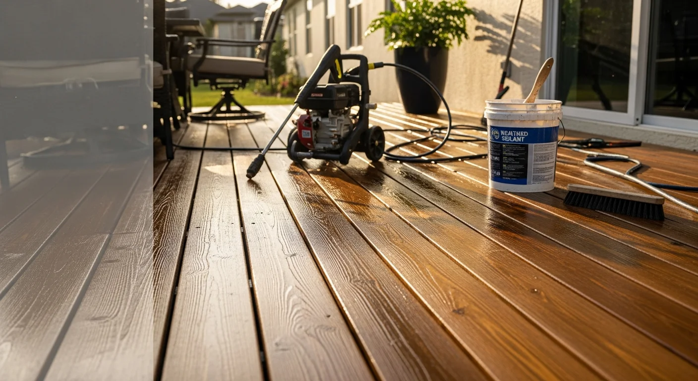 A restored wood deck at a Viera, Florida single-family home showing clean, evenly stained boards with no visible mildew or gray weathering. The deck surface is smooth and ready for outdoor use under a clear Florida sky.