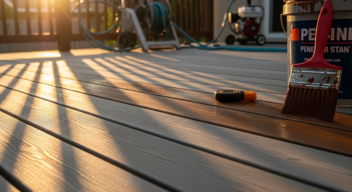 A freshly stained wood deck at a Viera, FL home showing even color coverage and clean board grain after professional prep and stain application. The deck surface shows no gray weathering or peeling, with a uniform finish across all boards and railings.