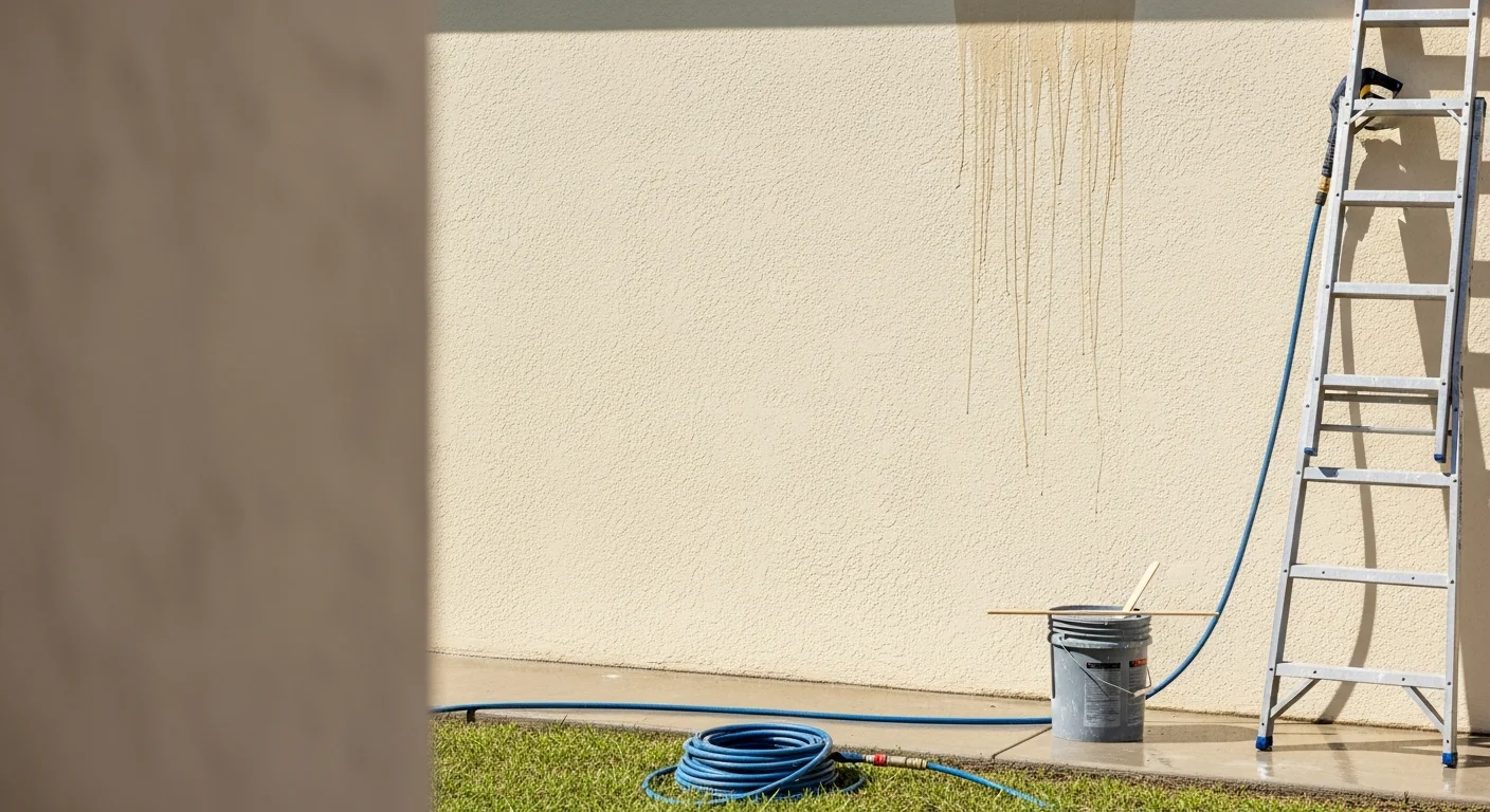 A freshly painted single-family stucco home in Viera, Florida, with clean trim lines and updated exterior color. The front elevation shows smooth, even coverage on walls, soffits, and window frames under bright Florida sunlight.