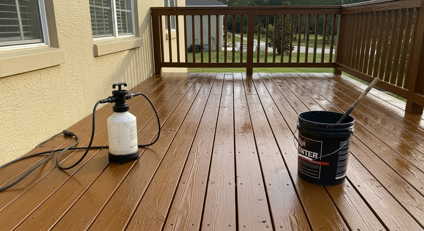 A freshly stained wood patio behind a Viera, Florida home, showing even color tone and clean surface condition after professional staining service. The patio surface shows restored wood grain with no visible fading, peeling, or mildew staining.