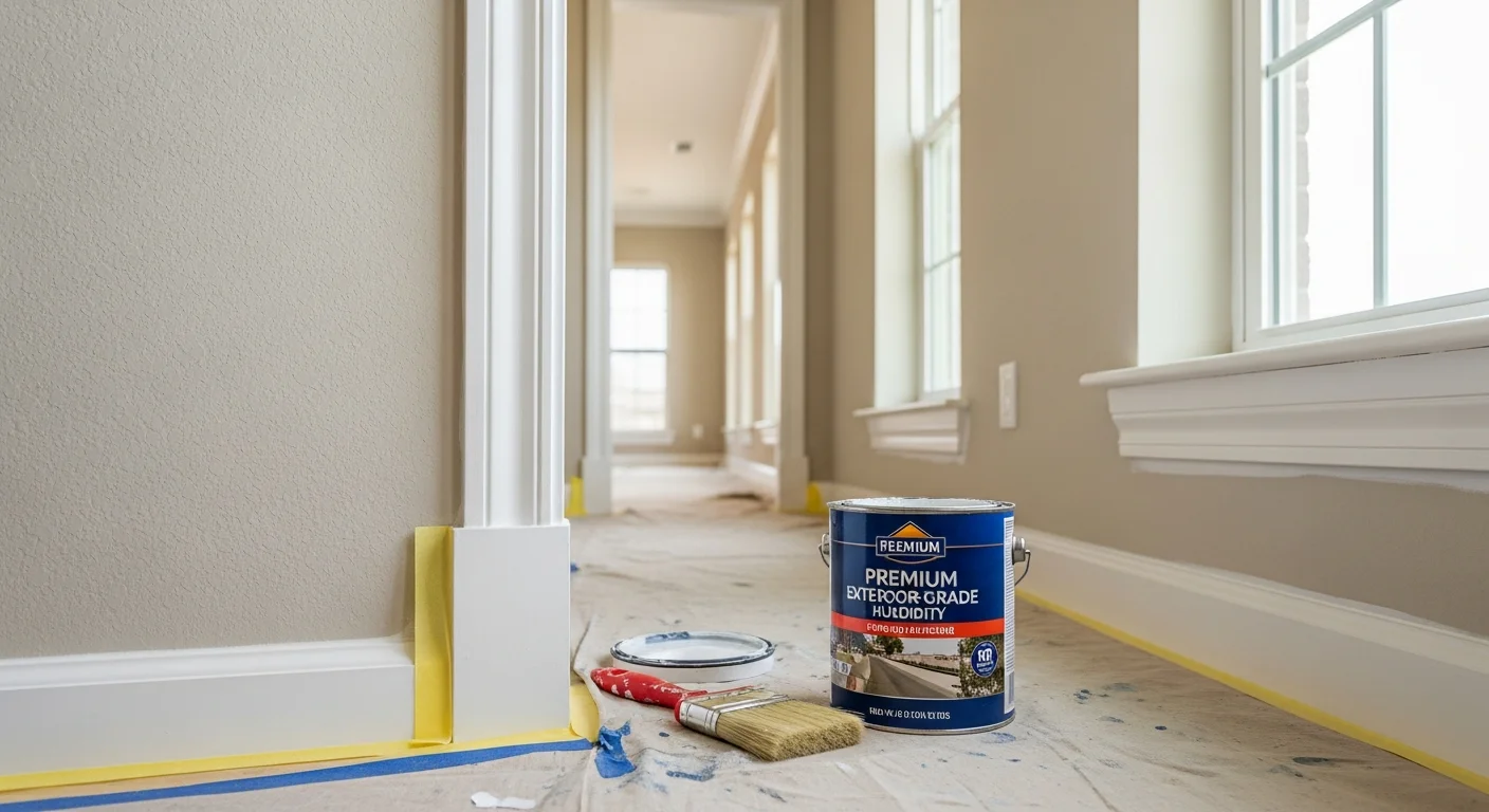 Freshly painted white crown molding and baseboards in a Viera, FL home interior with clean paint lines where the trim meets the wall. Close-up view shows sharp edges and a smooth semi-gloss finish on wood door casing.