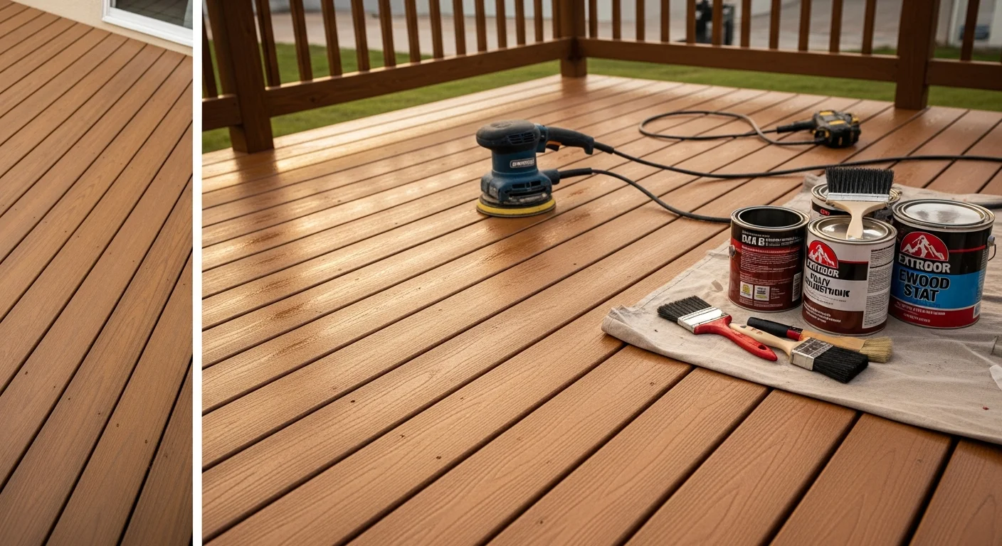 A freshly finished wood deck in Viera, FL with an even, rich-toned surface and no visible peeling or weathering. The boards show clean grain and a smooth finish suited for Florida's outdoor conditions.